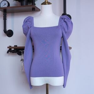 Elegant 7th Avenue Puff Sleeve Square-Neck Knit Top in Lavender